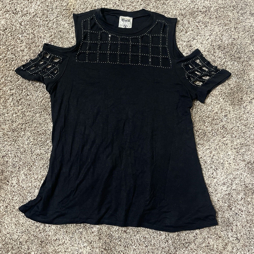 Vocal Black Cold-Shoulder Studded Grid Top